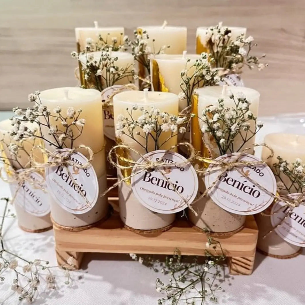 Lumânare mărturie cu bază din ciment în decor pastel – personalizată