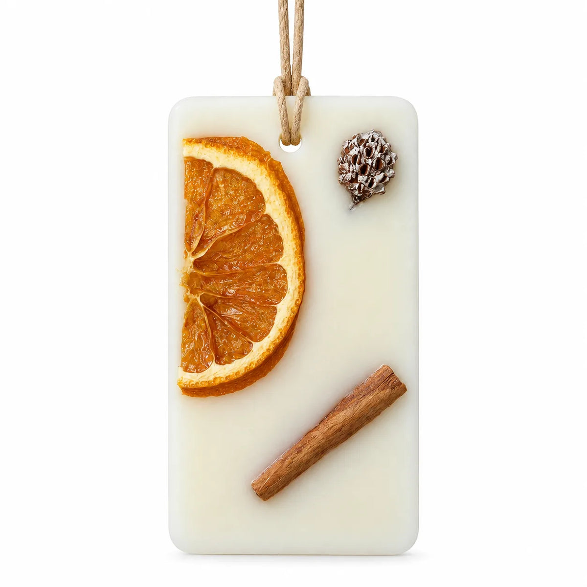 Odorizant pentru dulap din ceară de soia Cosy Christmas, formă dreptunghi, cu felie de portocală și batoane de scorțișoară – Lunera