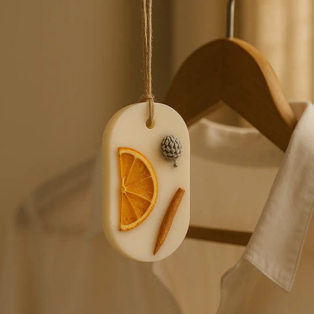 Odorizant pentru dulap din ceară de soia Cosy Christmas atârnat pe umeraș în dulap, parfum de Crăciun cu portocală și scorțișoară
