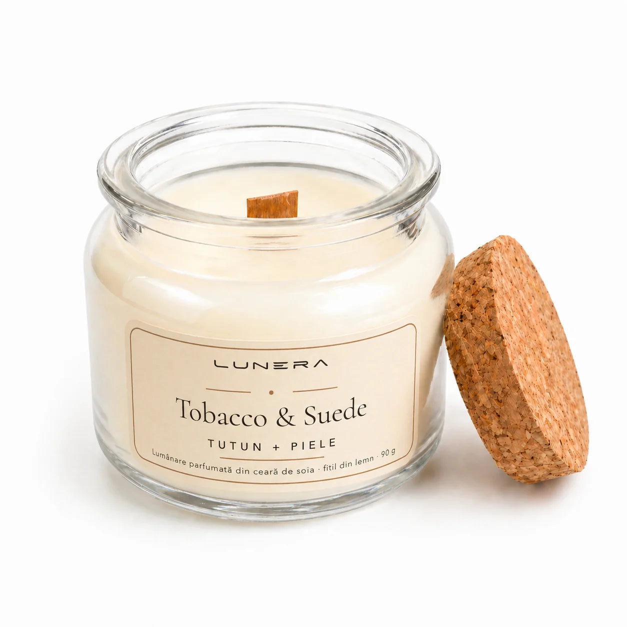 Lumânare Lunera Petite din ceară de soia, Tobacco & Suede, cu fitil din lemn și aromă de tutun și piele, 90 g, transparent