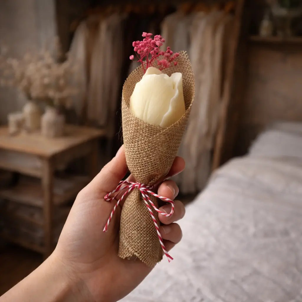Mărțișor parfumat tip lalea din ceară de soia, în buchețel din plasă de iută cu șnur roșu-alb, lifestyle