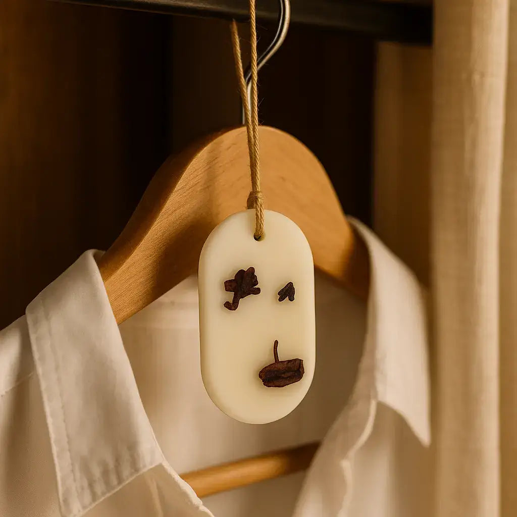 Odorizant wax sachet Prune & Trandafir agățat pe bara dulapului, sfoară naturală