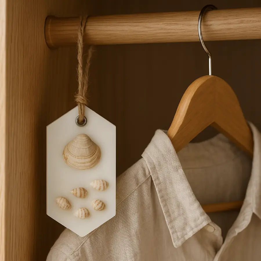 Wax sachet Sare de mare & Cocos agățat pe bara dulapului, dressing din lemn deschis