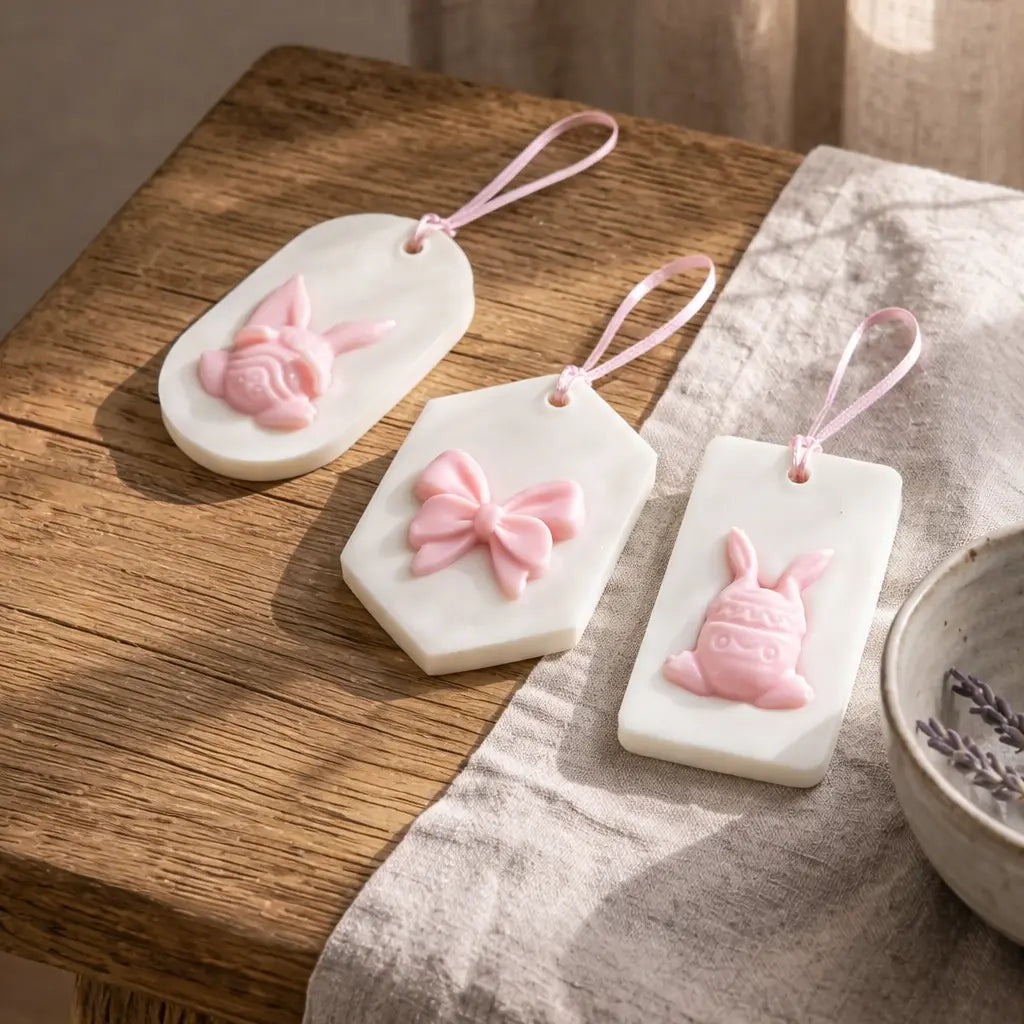 Set cadou Paște în cutie kraft cu 3 odorizante pentru dulap din ceară de soia cu iepuraș, lifestyle