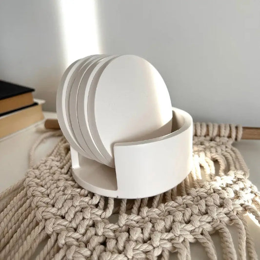 Set de 4 suporturi pentru pahare (coastere) Ø8,5 cm, ceramică jesmonite, alb, cu suport