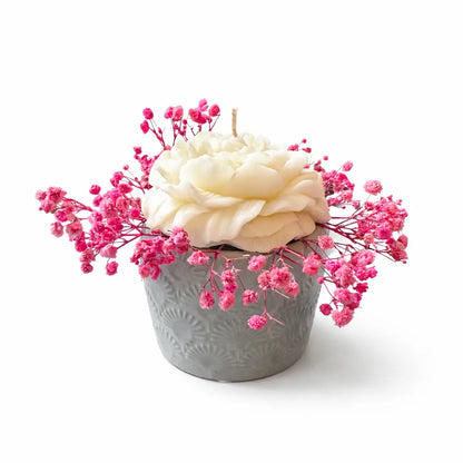 Aranjament floral cadou cu lumânare parfumată bujor din ceară de soia 80 g, flori uscate și bol ceramic gri reutilizabil