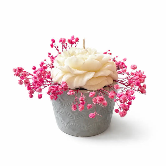 Aranjament floral cadou cu lumânare parfumată bujor din ceară de soia 80 g, flori uscate și bol ceramic gri reutilizabil