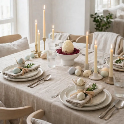 Aranjament de Paște cu lumânare ou din ceară de soia 150 g în bol Jesmonite pe picior, decor din plante uscate, pe masa de Paste