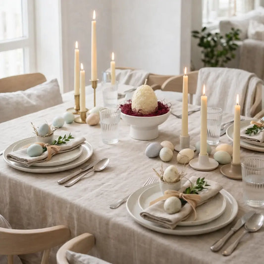 Aranjament de Paște cu lumânare ou din ceară de soia 150 g în bol Jesmonite pe picior, decor din plante uscate, pe masa de Paste