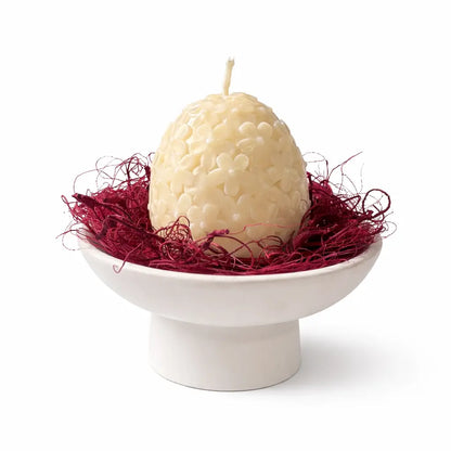 Aranjament de Paște cu lumânare ou din ceară de soia 150 g în bol Jesmonite pe picior, decor din plante uscate