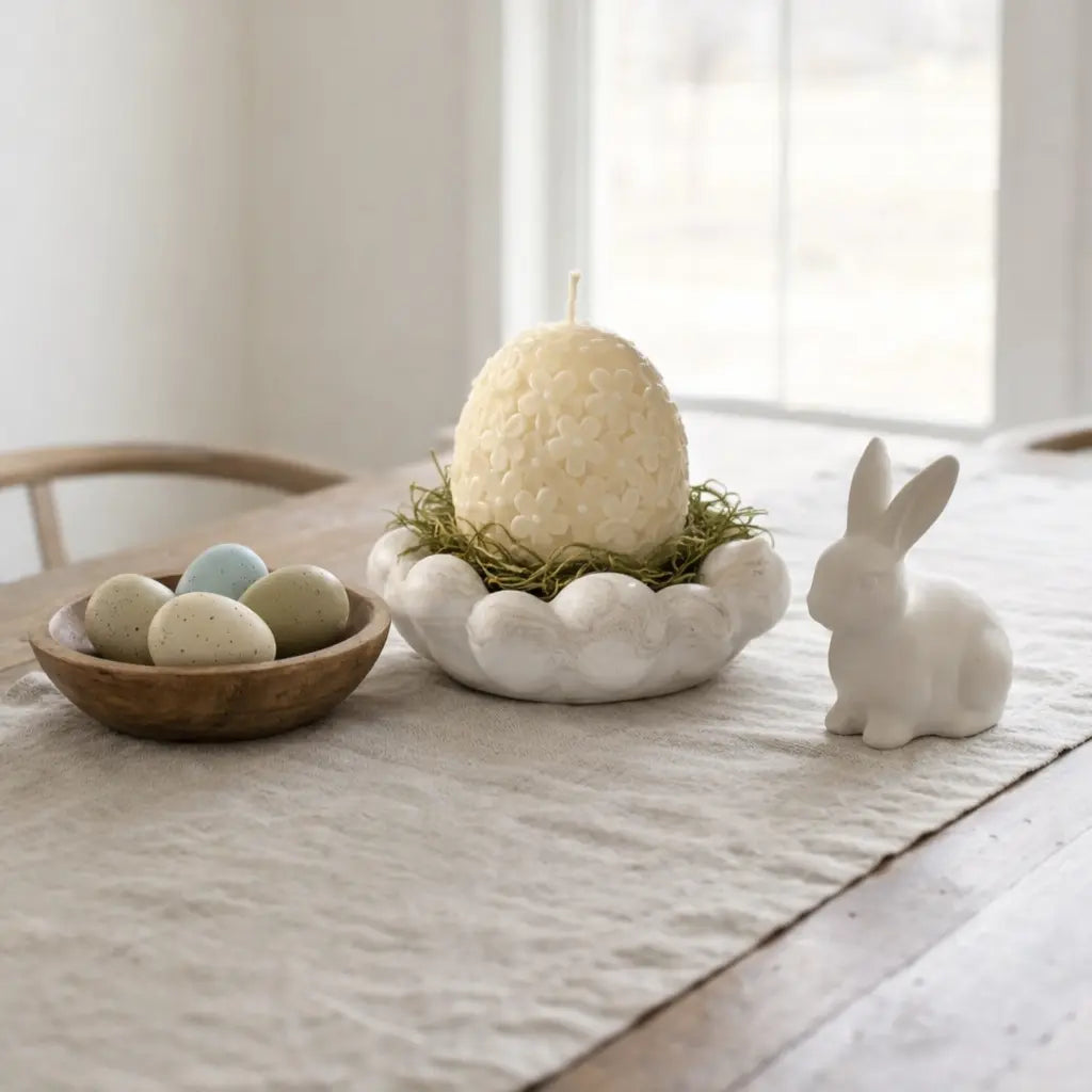 Aranjament de Paște cu lumânare ou din ceară de soia 150 g în bol Jesmonite decorativ 12 cm cu decor natural decor pe masa de Paște