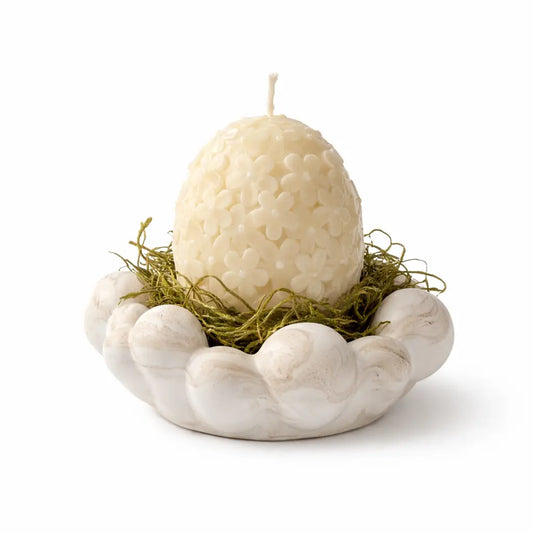 Aranjament de Paște cu lumânare ou din ceară de soia 150 g în bol Jesmonite decorativ 12 cm cu decor natural