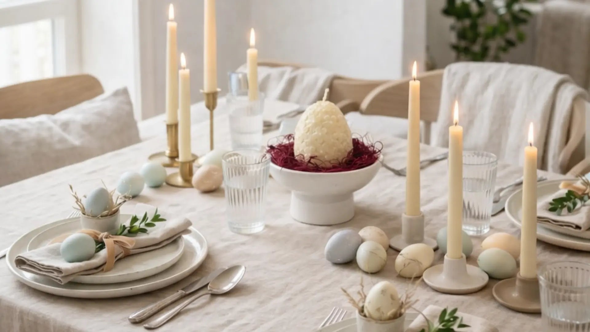 Masă decorată de Paște cu lumânări și centru de masă – colecția Lunera