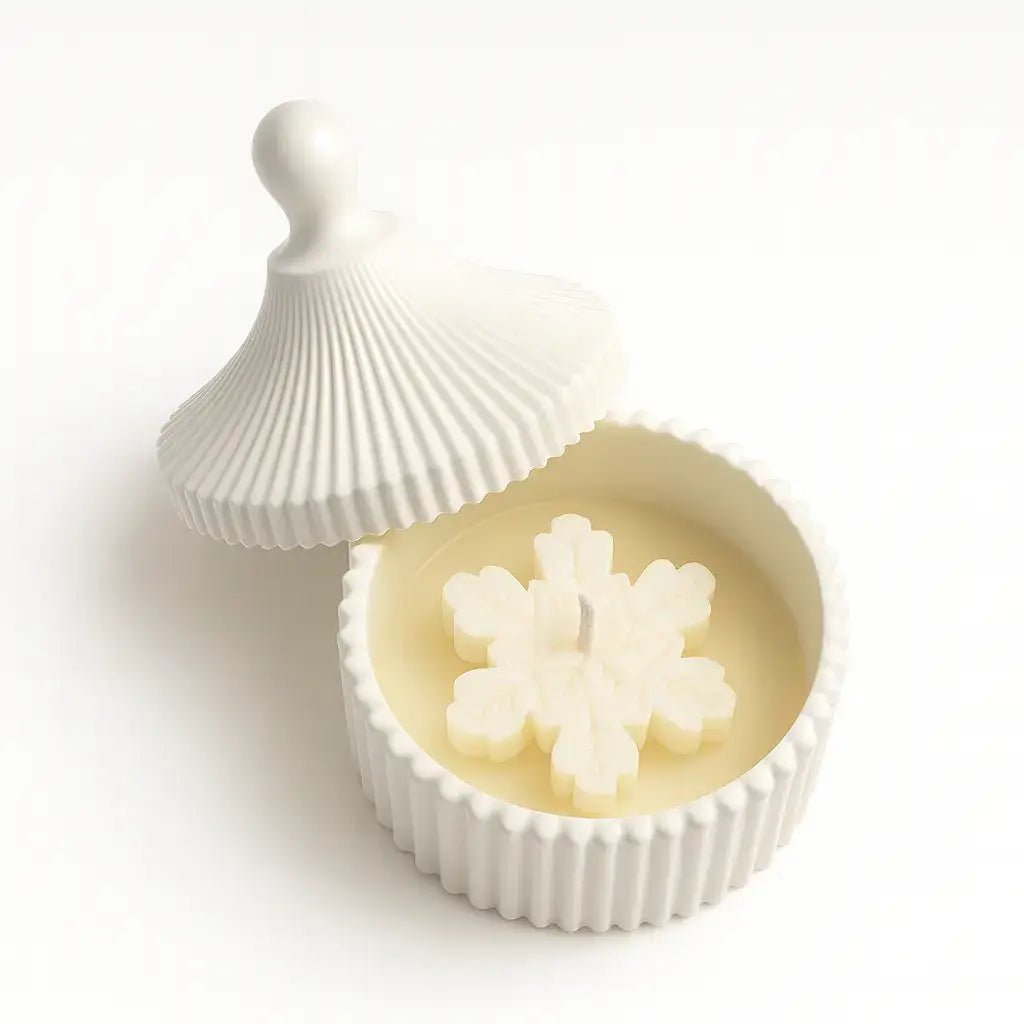 Lumânare de Crăciun din ceară de soia în recipient ceramic cu capac, fulg de nea