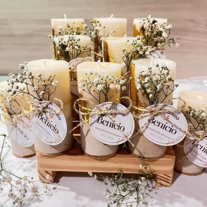 Lumânare mărturie cu bază din ciment în decor pastel – personalizată
