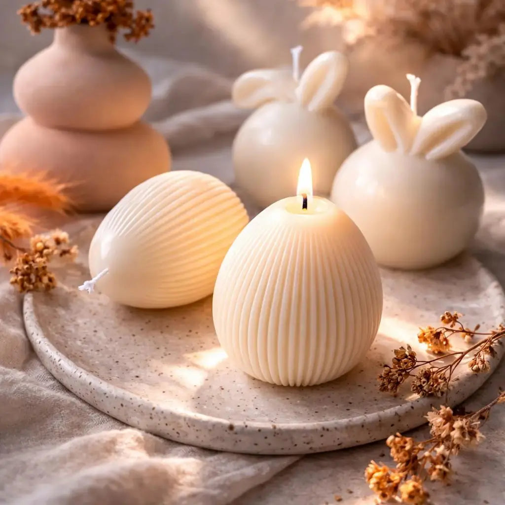 Lumânare decorativă în formă de ou striat din ceară de soia 120 g