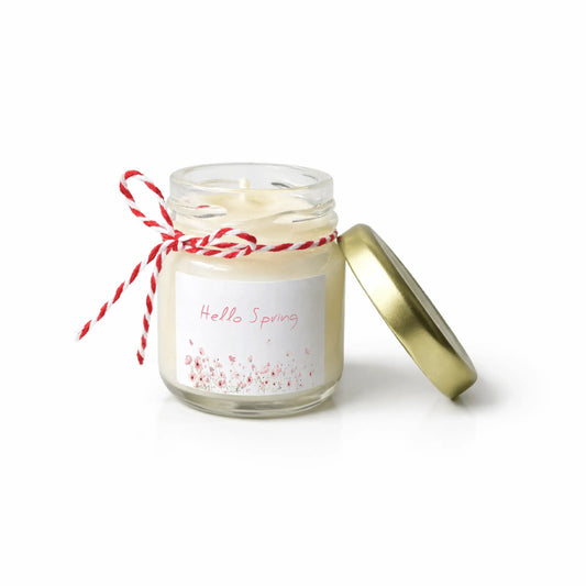 Lumânare parfumată din ceară de soia 50 g, ediție de primăvară mărțișor ‘Hello Spring’, cu șnur roșu-alb și capac metalic