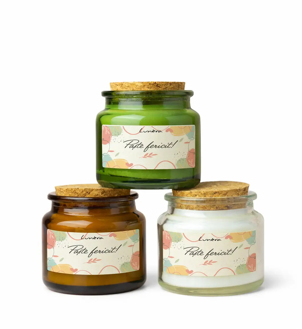 Lumânare parfumată Paște fericit ediție limitată 90 g din ceară de soia cu fitil din lemn în borcan verde, chihlimbar și transparent