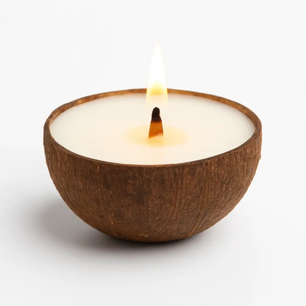 Lumânare din ceară de soia în bol natural de nucă de cocos – fără decor, fitil din lemn