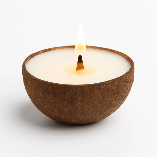 Lumânare din ceară de soia în bol natural de nucă de cocos – fără decor, fitil din lemn