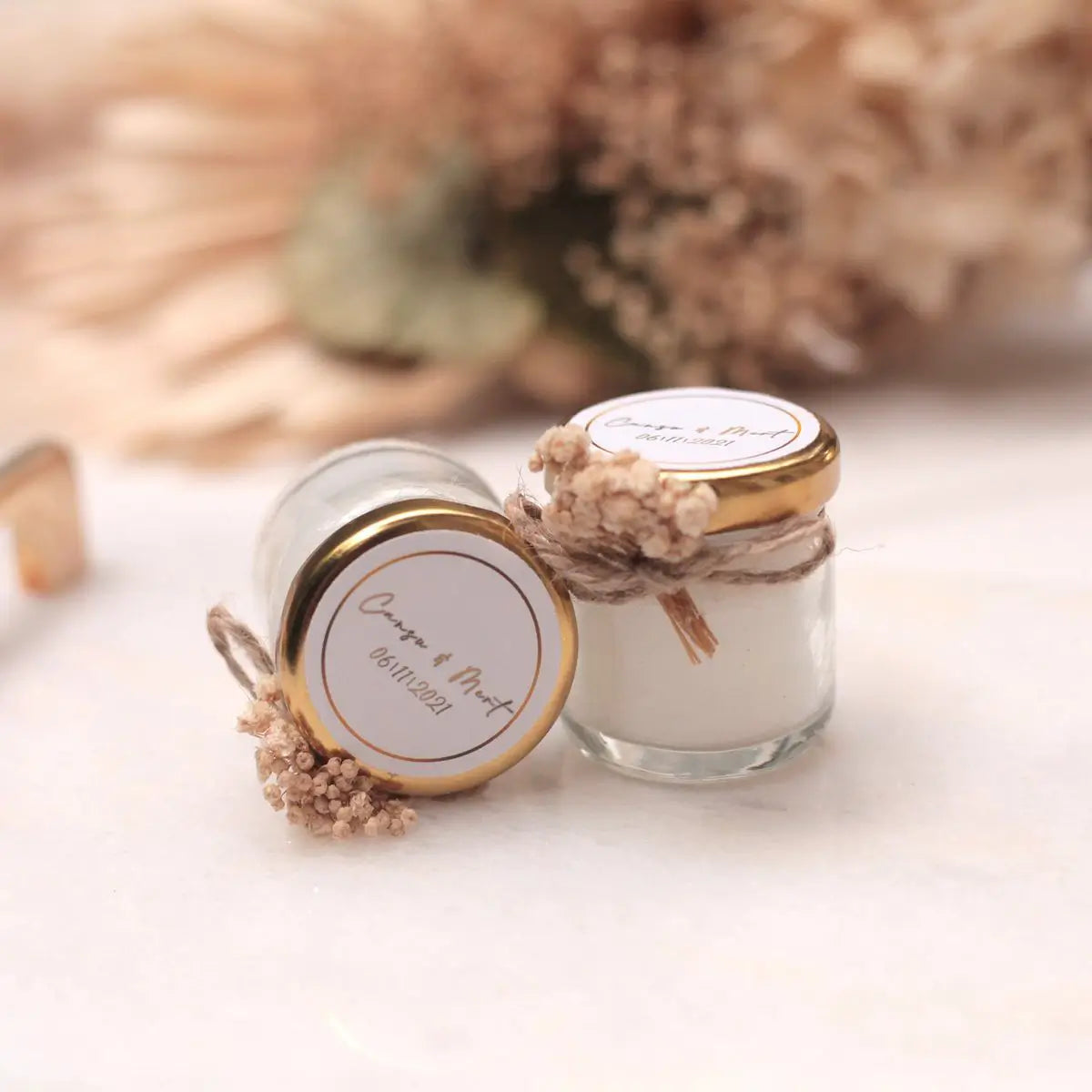 Set lumânări mărturie borcănel 50 g pentru nuntă sau botez, personalizate cu etichetă