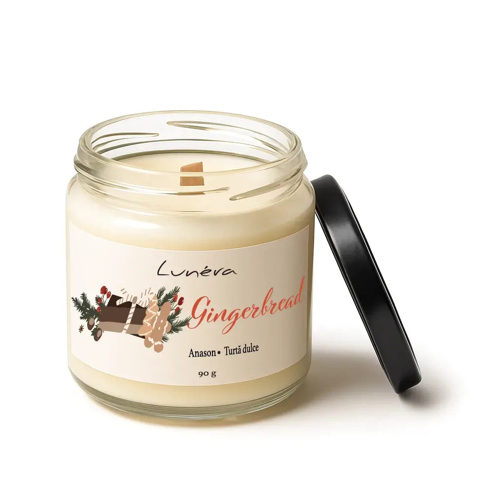 Lumânare parfumată Lunera Gingerbread din ceară de soia, fitil din lemn, 180 g – borcan cu capac negru