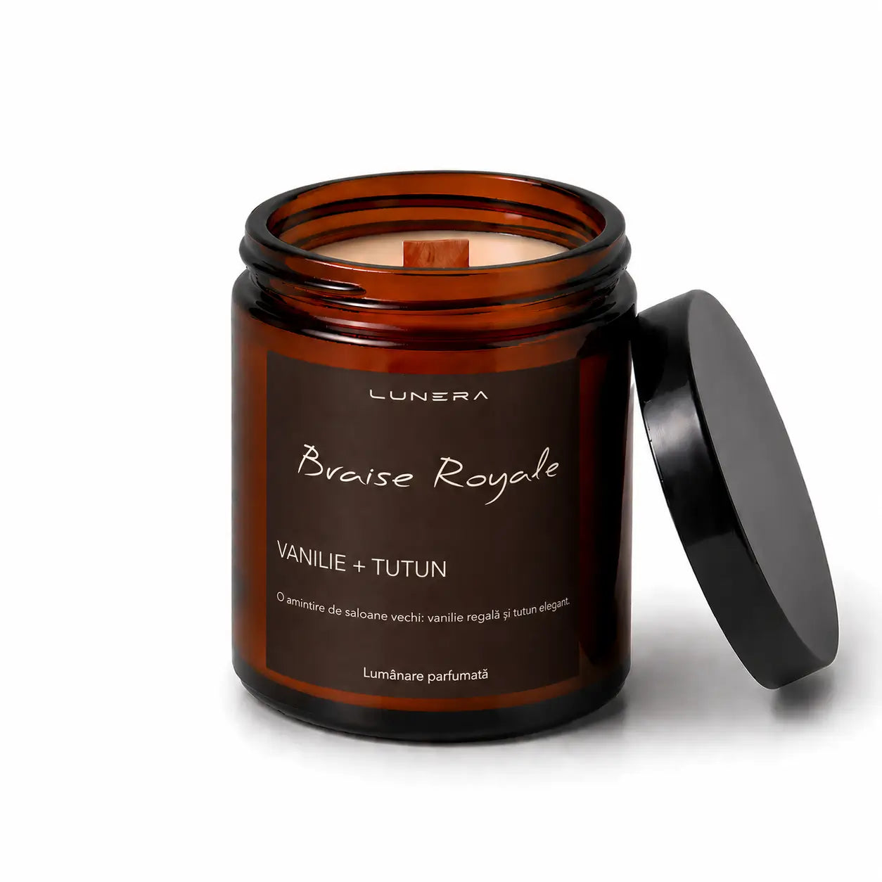 Lumânare Lunera din ceară de soia, Braise Royale, cu fitil din lemn și aromă de vanilie și tutun, 150 g
