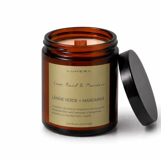  Lumânare Lunera din ceară de soia, Lime, Basil & Mandarin, cu fitil din lemn și aromă de lămâie verde și mandarină, 150 g