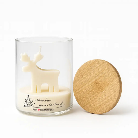 Lumânare parfumată din ceară de soia cu ren, cilindru din sticlă 8,5×9,5 cm, capac bambus, fitil din bumbac – 165 g