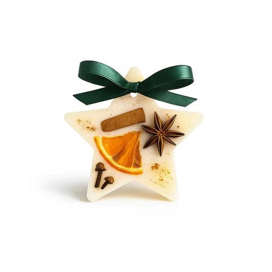 Odorizant pentru dulap din ceară de soia în formă de stea, decorat cu portocală uscată și condimente, cu fundă verde – Lunera