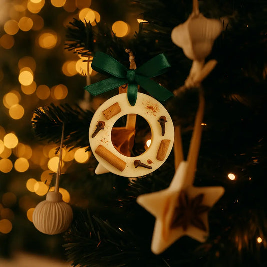 Coroniță parfumată din ceară de soia Lunera folosită ca decorațiune de brad de Crăciun