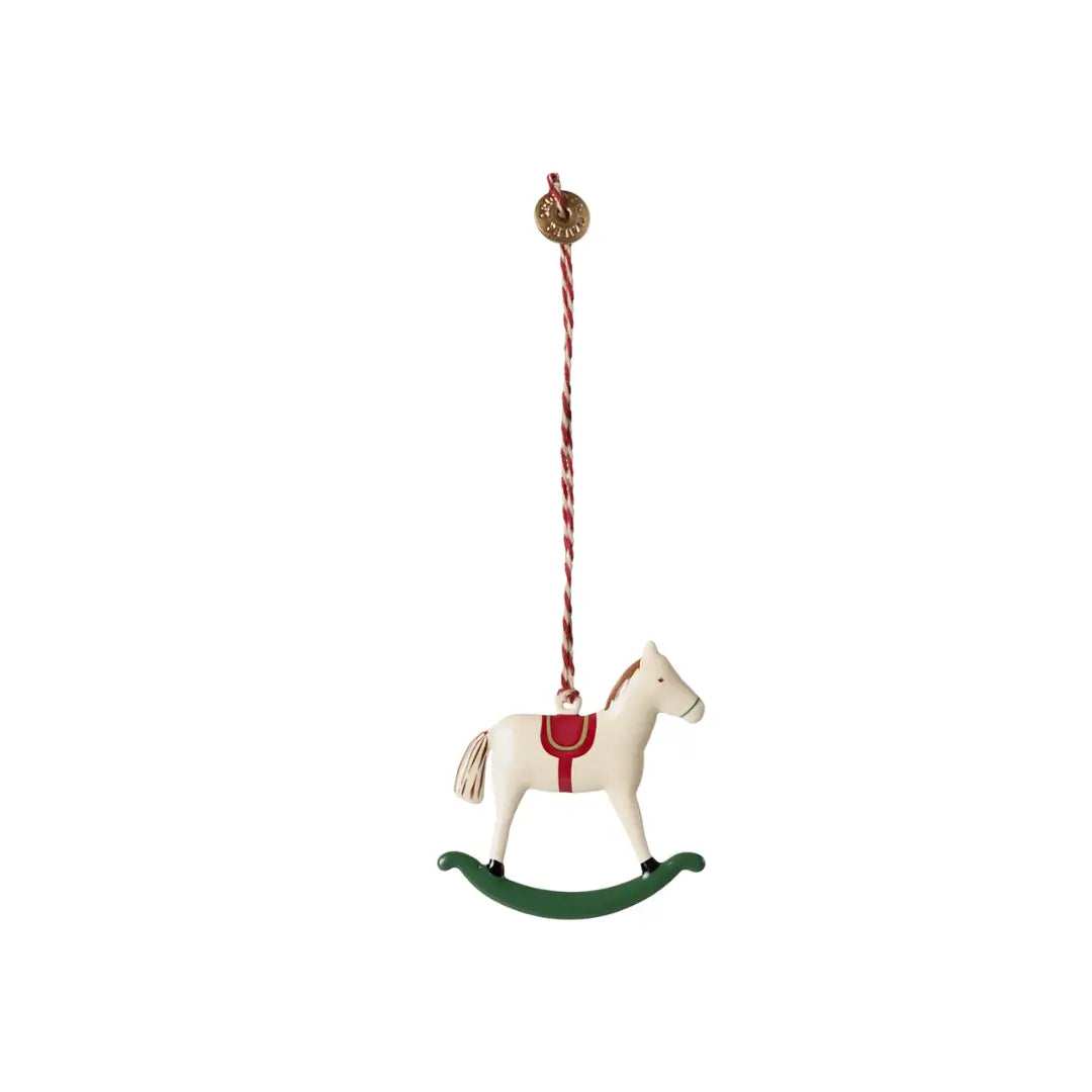 Ornament metalic pentru brad Maileg – căluț balansoar, cu panglică