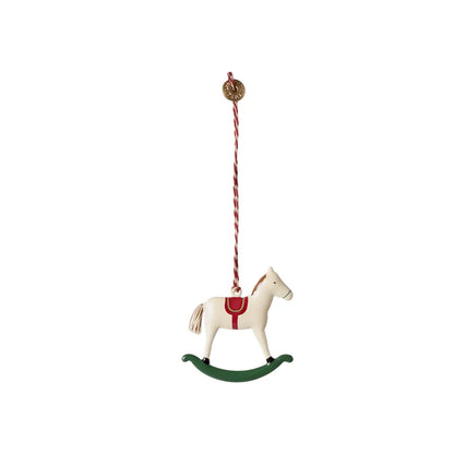 Ornament metalic pentru brad Maileg – căluț balansoar, cu panglică