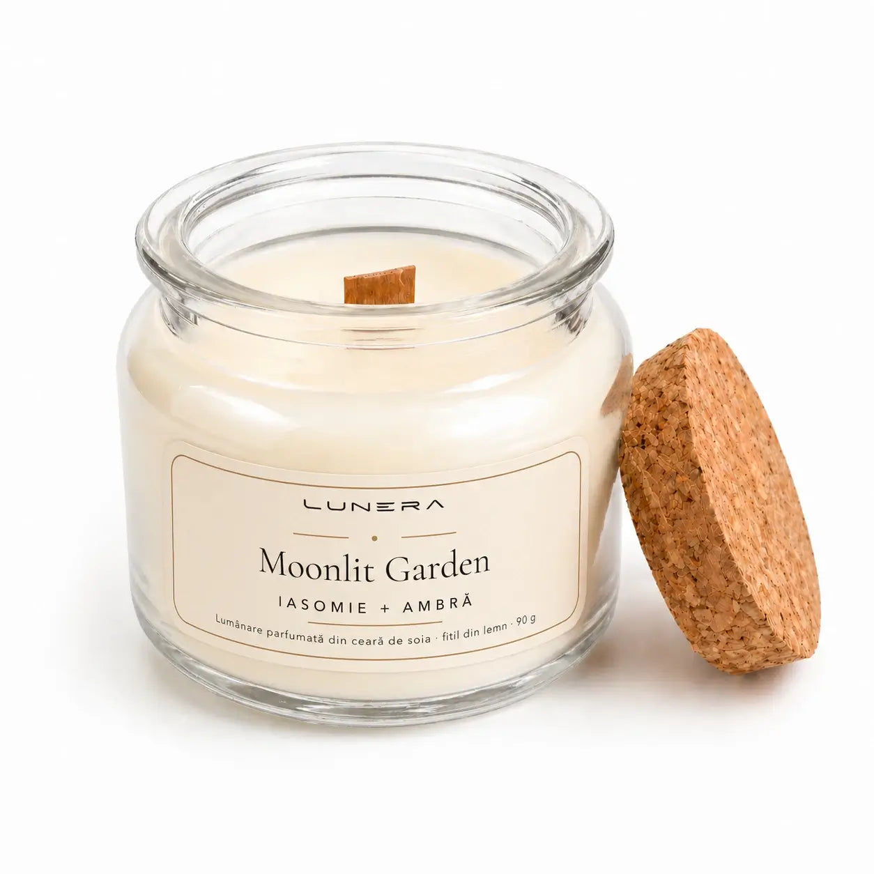 Lumânare Lunera Petite din ceară de soia, Moonlit Garden, cu fitil din lemn și aromă de iasomie și ambră, 90 g, transparent