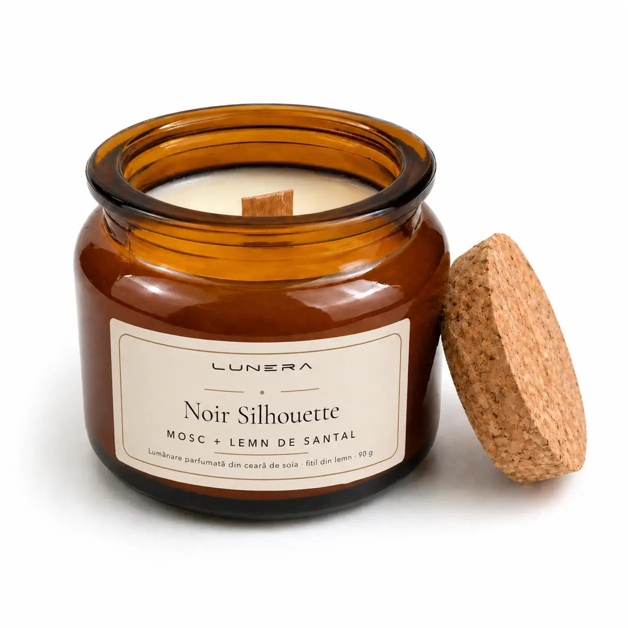 Lumânare Lunera Petite din ceară de soia, Noir Silhouette, cu fitil din lemn și aromă de mosc și lemn de santal, 90 g, chihlimbar