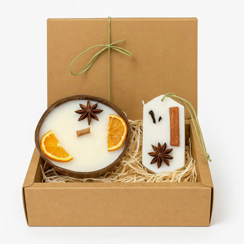 Set cadou Crăciun Lunera: lumânare din ceară de soia 135 g în bol de nucă de cocos cu fitil din lemn + odorizant pentru dulap 25 g, în cutie cadou kraft