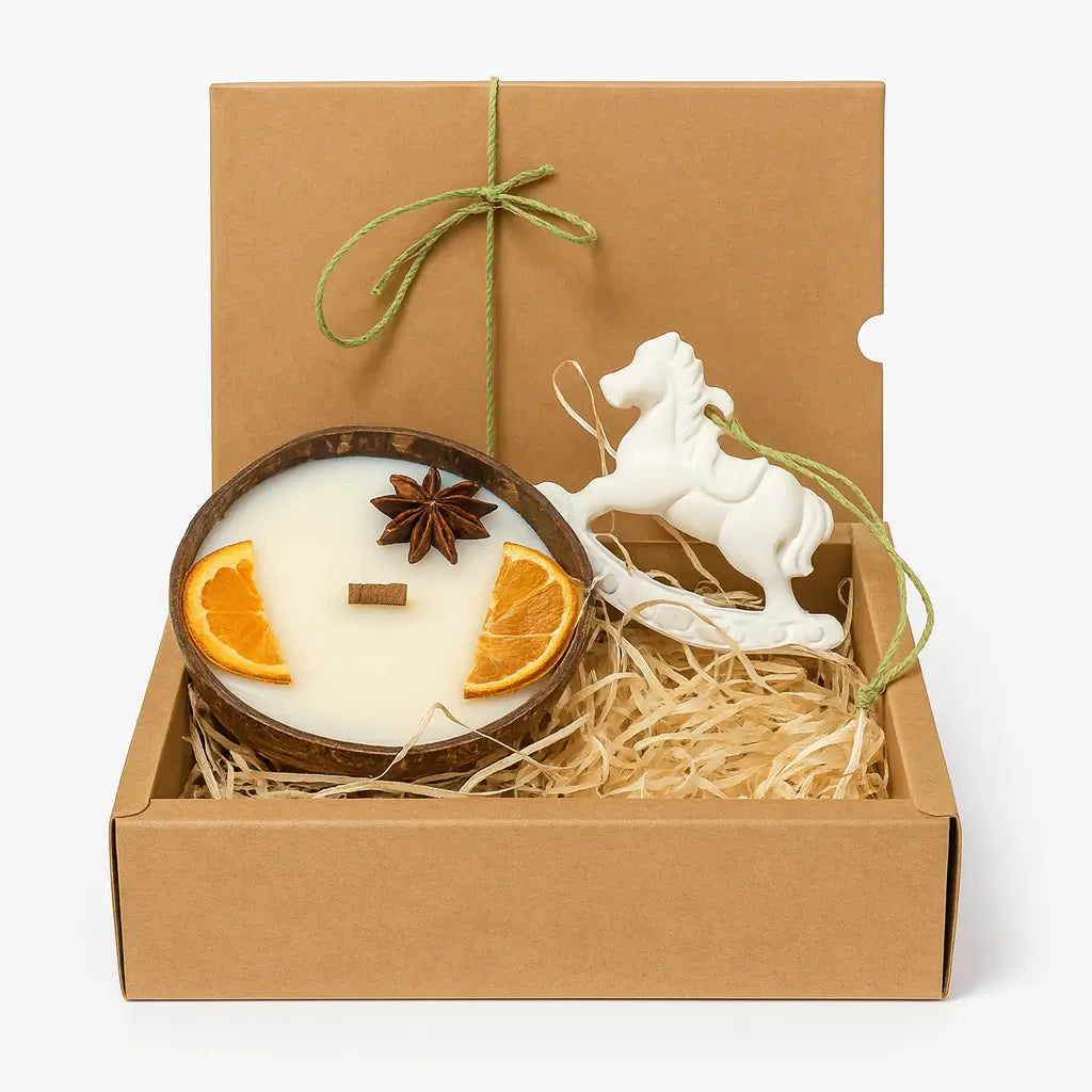 Set cadou Crăciun Lunera: lumânare din ceară de soia în bol de nucă de cocos, fitil din lemn, + decorațiune căluț balansoar din ceramică jesmonite, în cutie cadou