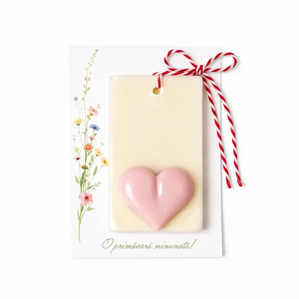 Mărțișor parfumat Inimă – odorizant pentru dulap din ceară de soia, ~25 g, decor inimă din ceară, pe carton cu șnur – Lunera