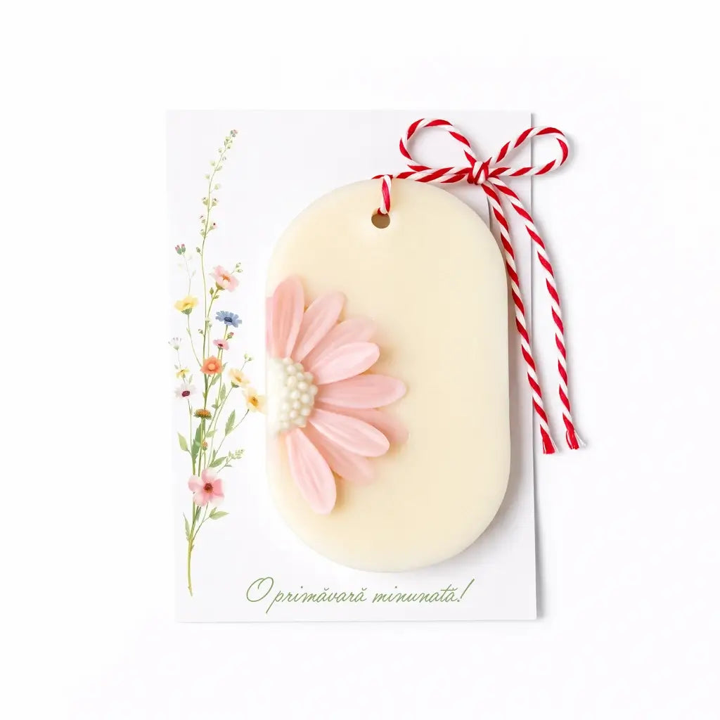 Mărțișor parfumat Margaretă – odorizant pentru dulap din ceară de soia, ~25 g, decor margaretă din ceară, pe carton cu șnur – Lunera