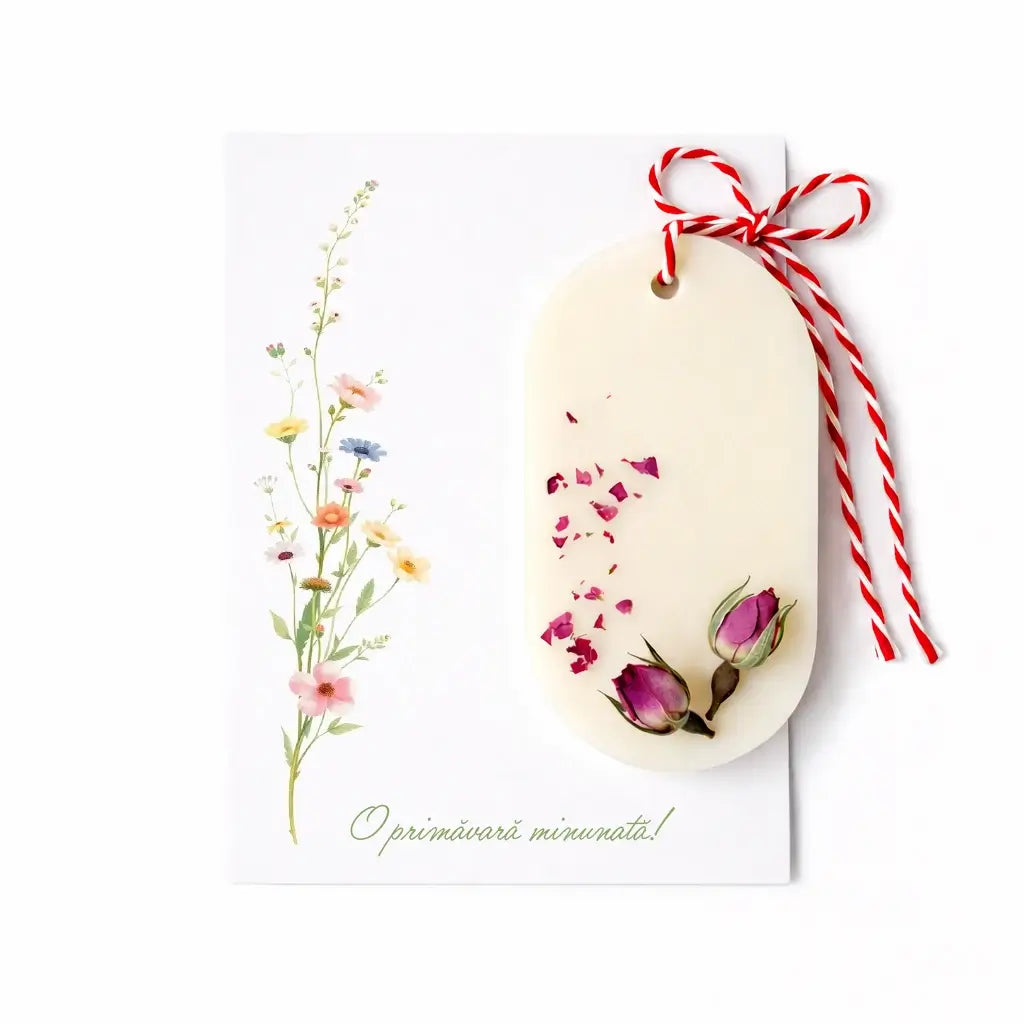 Mărțișor parfumat cu trandafiri uscați – odorizant pentru dulap din ceară de soia, ~25 g, pe carton cu șnur – Lunera