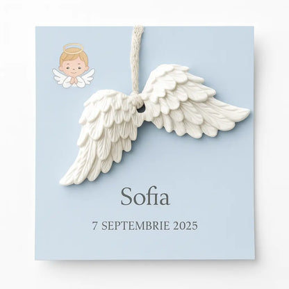 Mărturie botez aripi de înger din ceramică neglazurată pe card pastel albastru, sfoară pentru agățare