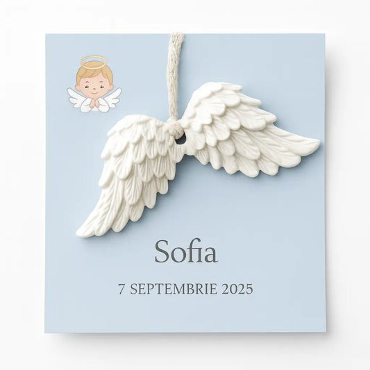 Mărturie botez aripi de înger din ceramică neglazurată pe card pastel albastru, sfoară pentru agățare