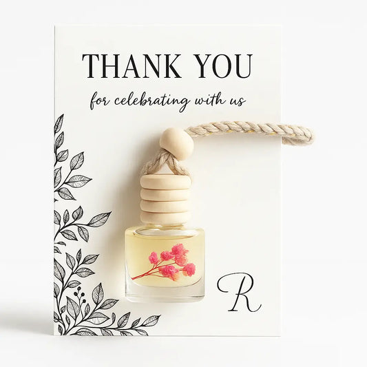 Odorizant auto mărturie – sticluță 8 ml cu dop din lemn și șnur, card Thank You, decor flori uscate