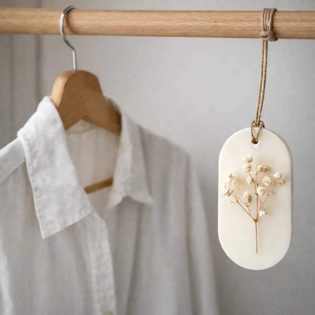 Odorizant dulap haine din ceară de soia 25 g, decor cu flori uscate – Frezie & Magnolie agatat in dulap