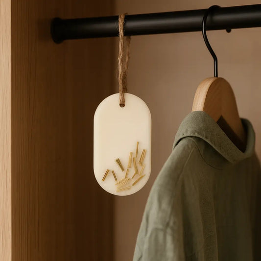 Odorizant Lemongrass & Ghimbir atârnat pe bara dulapului, prospețime citrică