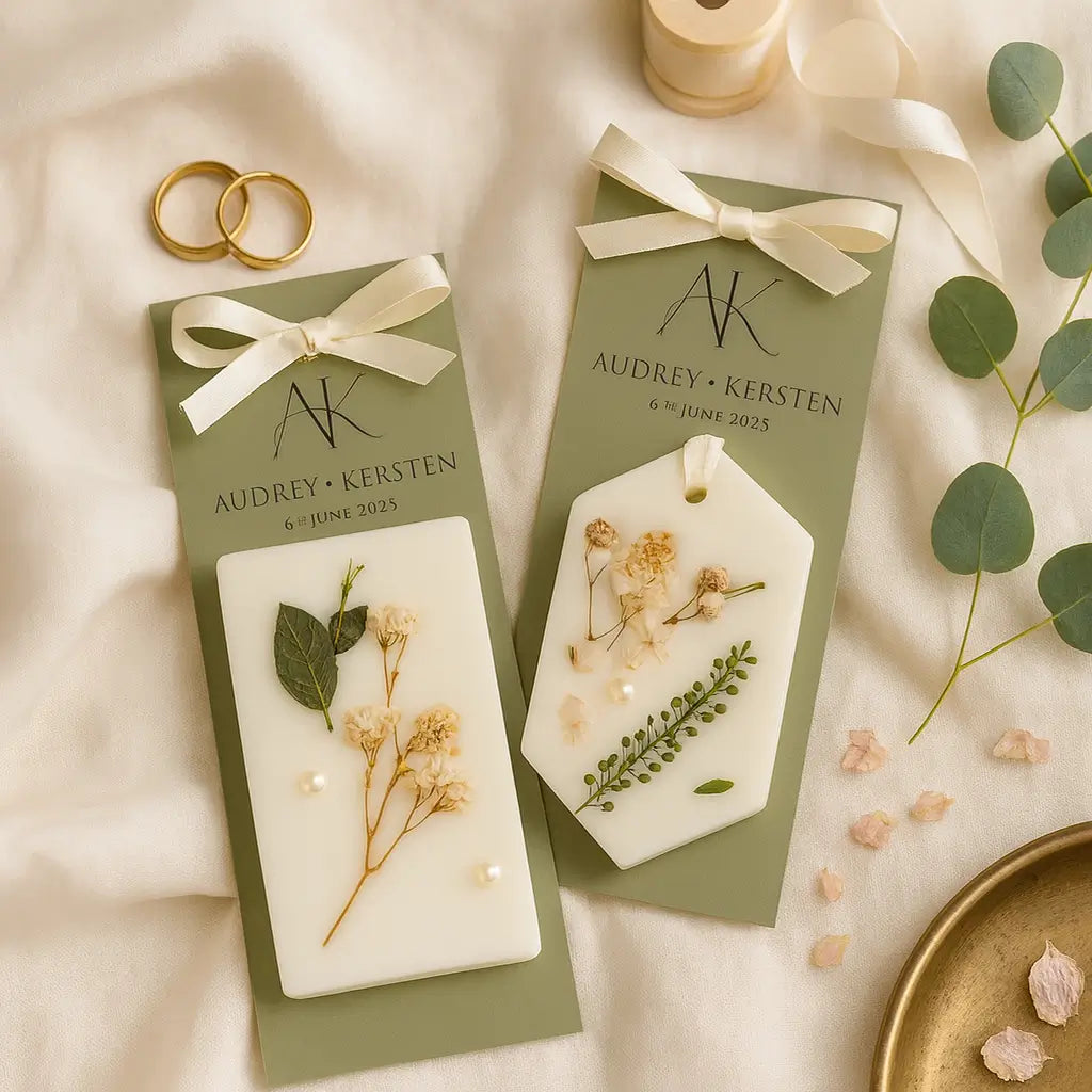 Detaliu decor flori uscate și etichetă personalizată – odorizant dulap