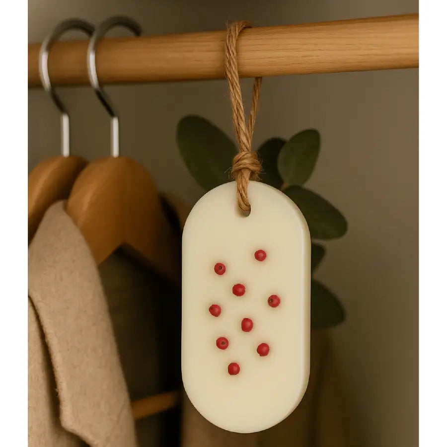 Wax sachet Lunera Piele & Oud agățat pe bara dulapului, aromă unisex piele și oud