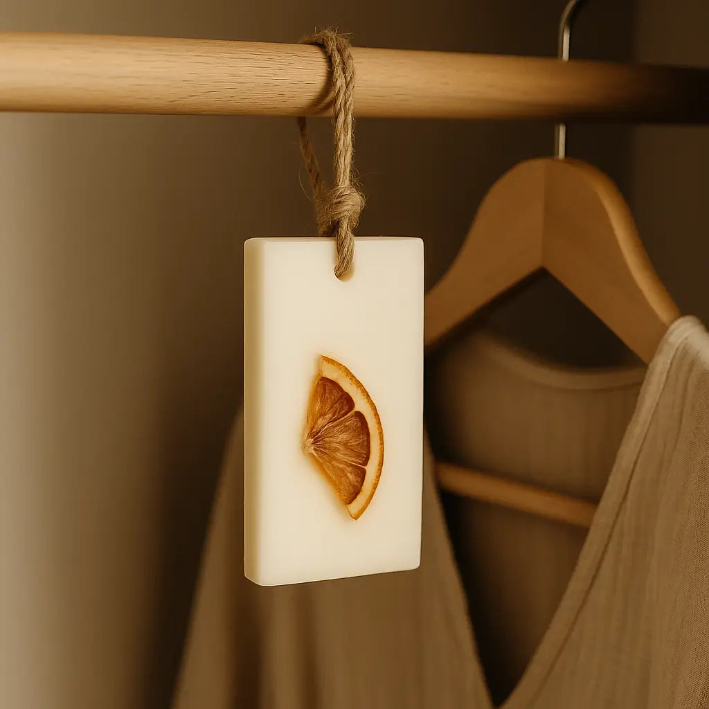 Wax sachet Portocală & Iasomie agățat pe bara dulapului, dressing din lemn deschis
