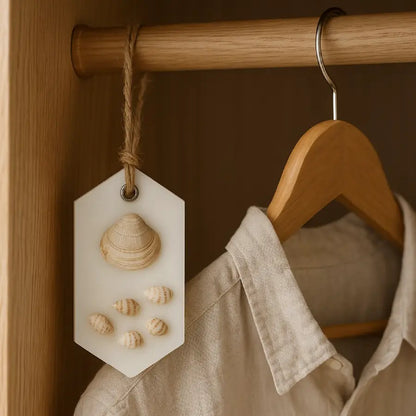 Wax sachet Sare de mare & Cocos agățat pe bara dulapului, dressing din lemn deschis