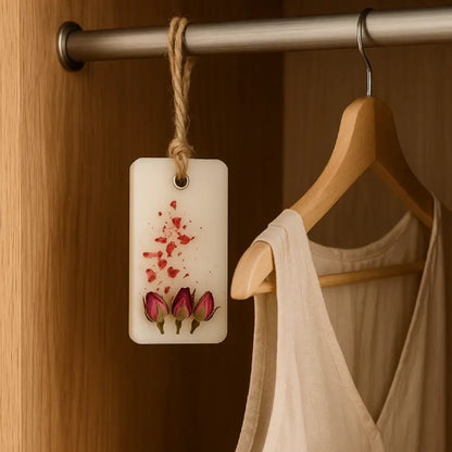 Wax sachet Trandafir & Ambră agățat pe bara dulapului, dressing din lemn deschis